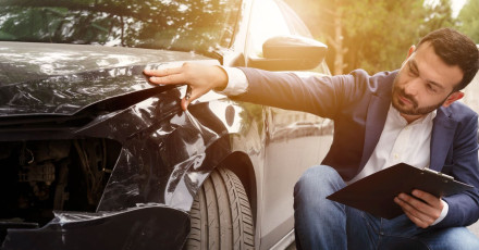 Large Man examining car crash 2